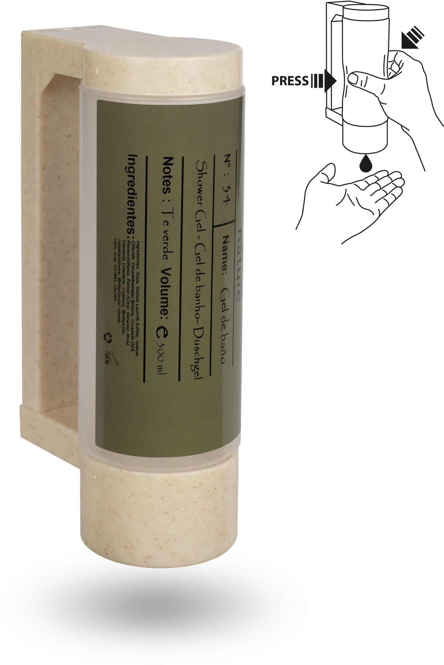 Halterung mit leerer 400 ml BIO-Spenderflasche - Diebstahlsicherung (für Duschgel)