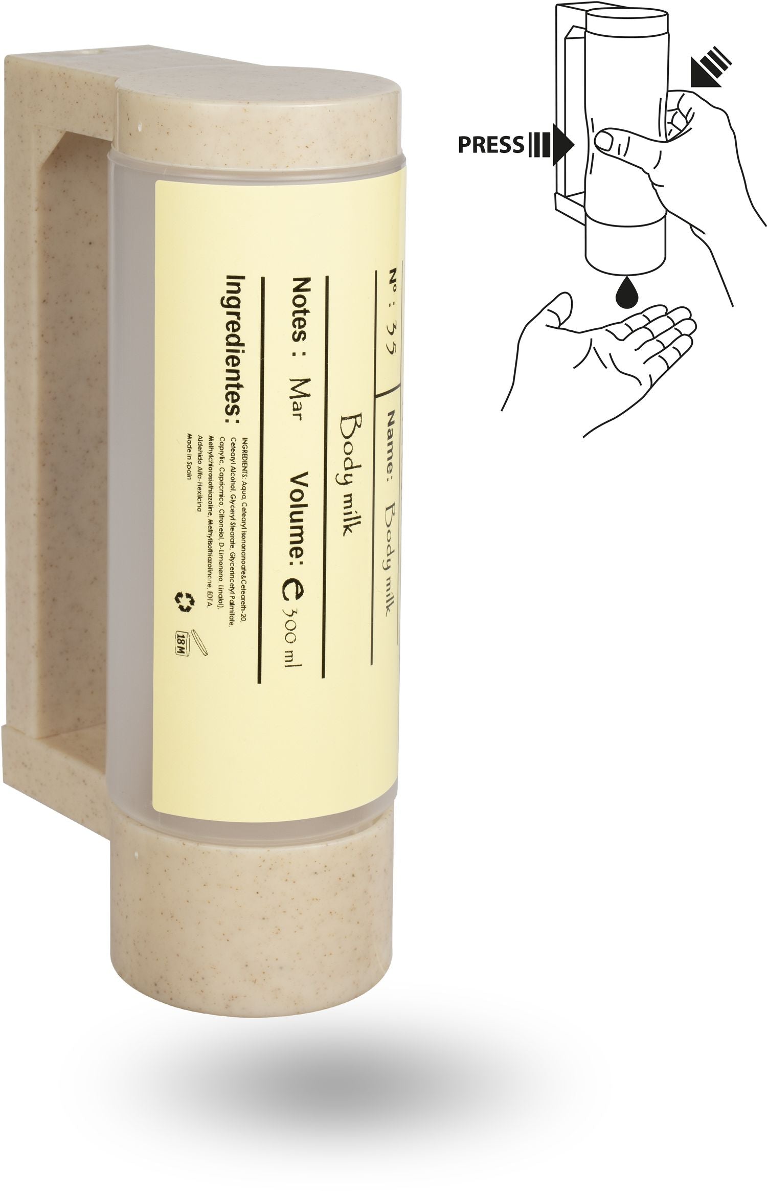 Halterung mit leerer 400 ml BIO-Spenderflasche - Diebstahlsicherung (für Body Milk)