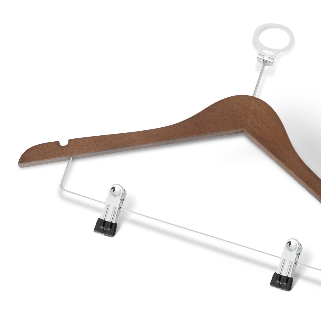 Kleiderbügel mit Anstecknadel und Clips | Walnuss