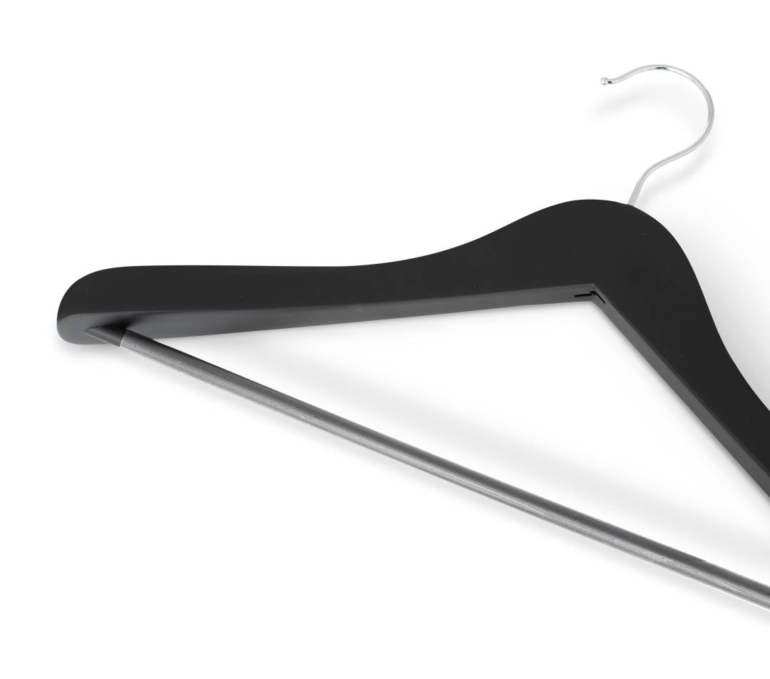 Extra breiter Kleiderbügel mit Stange & Haken | Schwarz