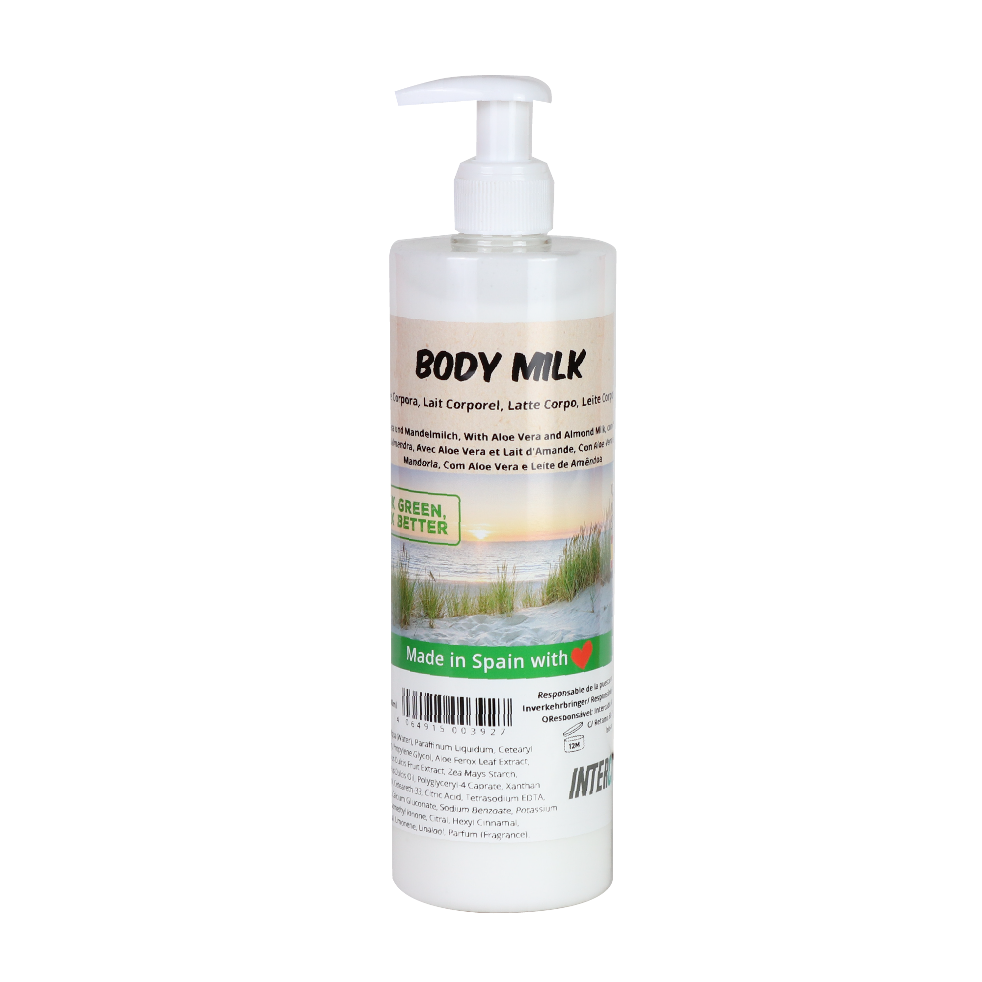 Intercabo - Body Milk mit Aloe Vera und Mandelmilch Spender 500 ml | 12 Stück