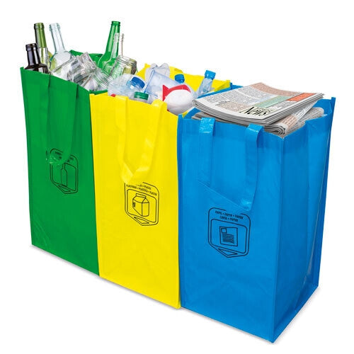 Set 3 Recyclingtüten, Glas, Plastik und Papier-Karton