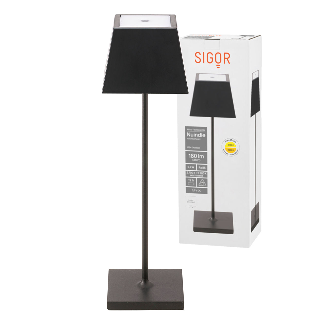Akku-Tischleuchte Nuindie 370mm nachtschwarz eckig