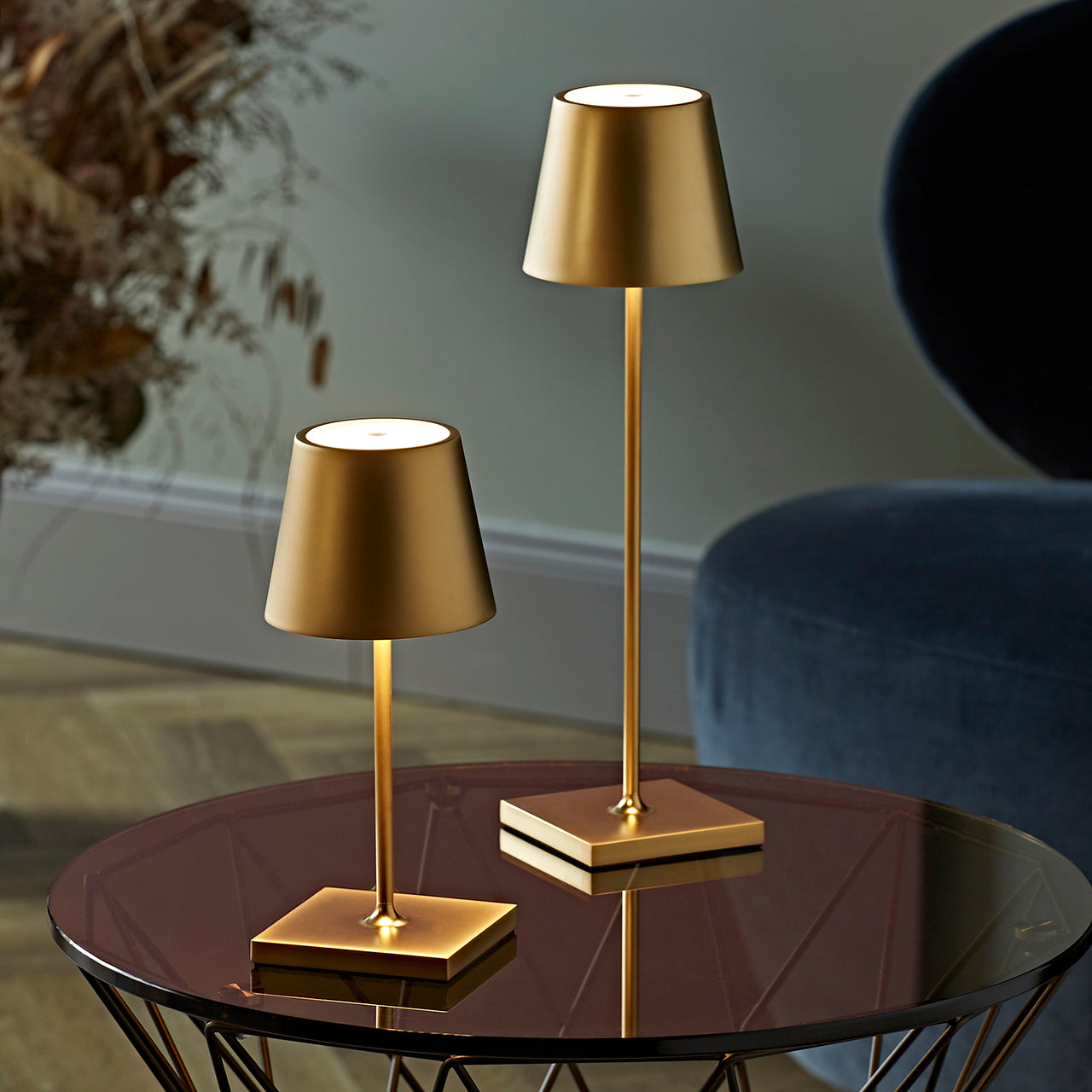 Akku-Tischleuchte Nuindie 380mm goldfarben rund